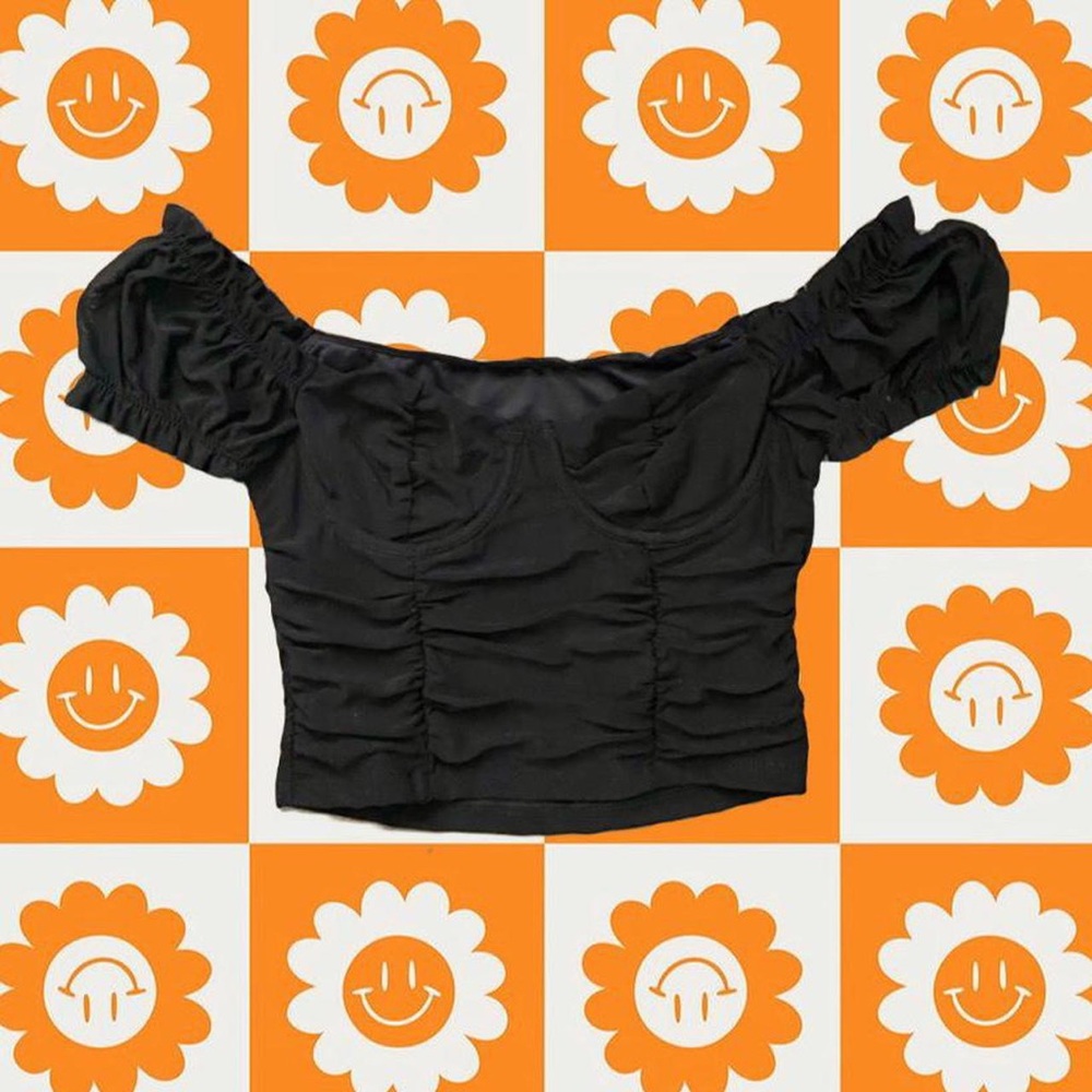 Black Ruched Mesh Puff Sleeve Crop Top